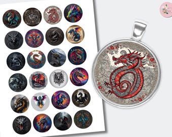 Majestic Gothic Dragons Cabochon | Printable Dragons Round Cabochon | Instant Download Collage | (1 inch (25mm) CABS-1285