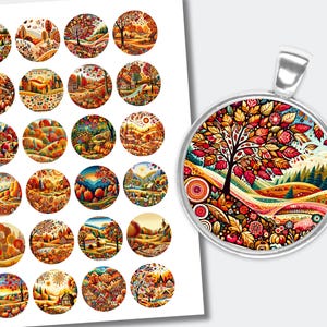 Autumn Colorful Scene Printable Cabochon | Fall Scene Round Collage Images | (1 inch (25mm) CABS-337