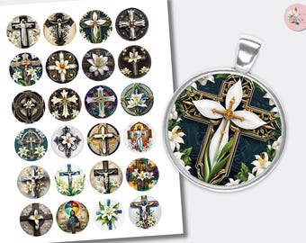 Jesus Cross Easter Lily Round Cabochon | Printable Digital Graphics Images | (1 inch (25mm) CABS-972
