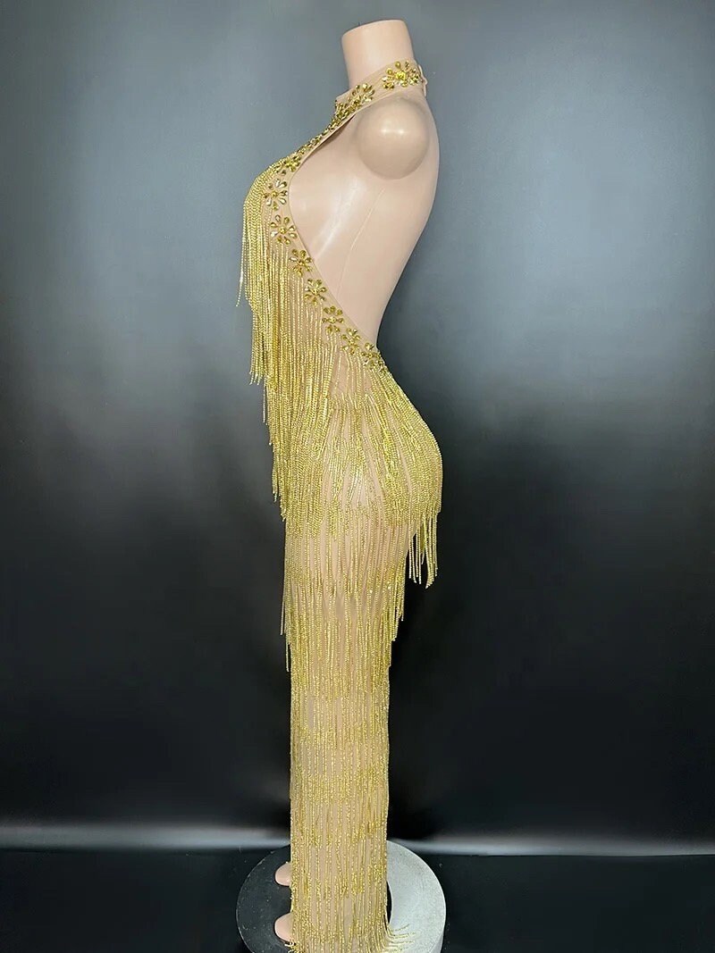 gold fringe halter dress DORADA