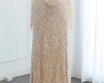 Pearl, Sequin and Bead Embellished Strapless Maxi Gown with Matching Detachable Sleeves