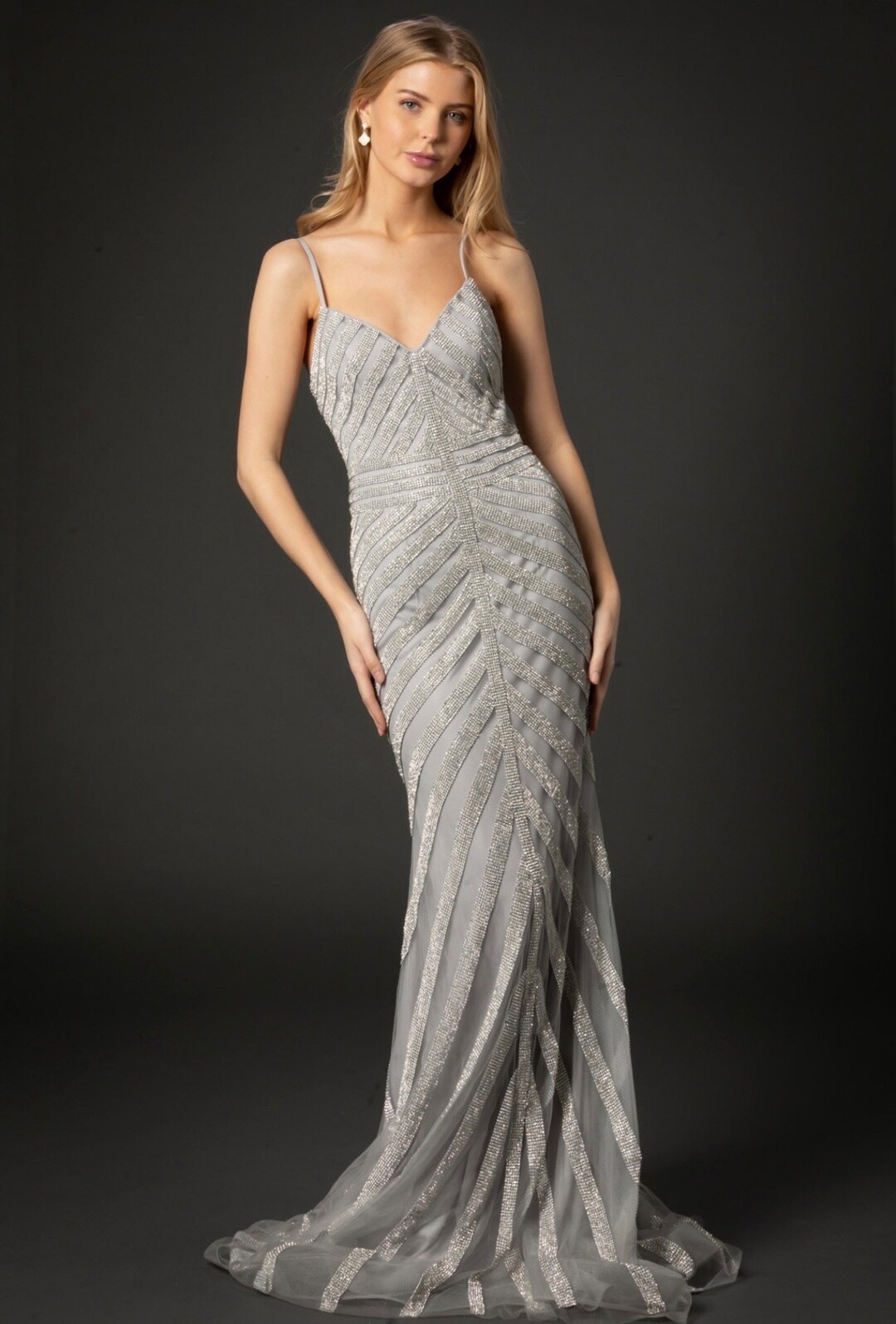 Rhinestone Embellished One-Shoulder Satin Gown Taupe main image 1