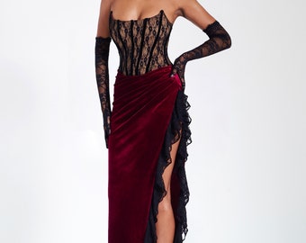 Wine and Black Lace Velvet Corset High Slit Gown