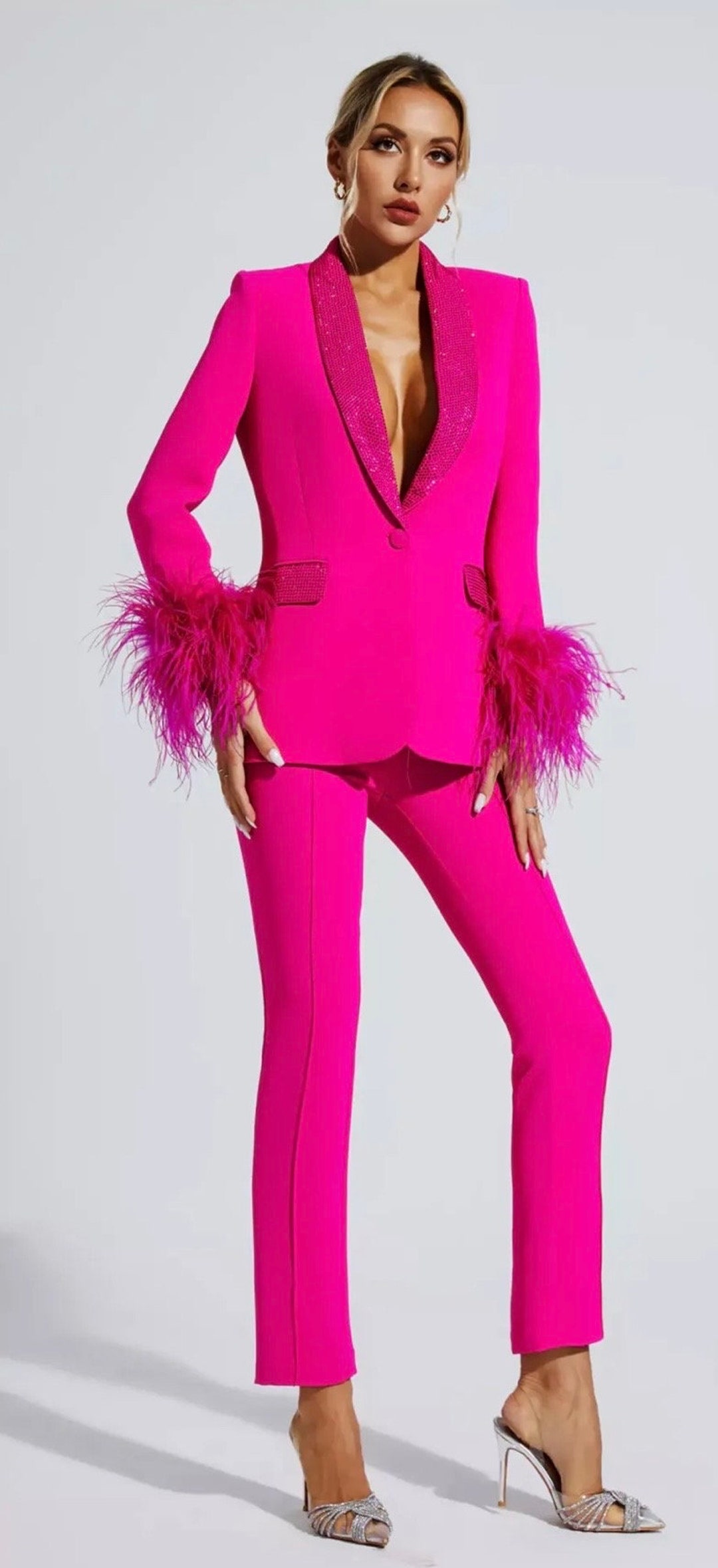 Juste - Bead Detail Fuchsia Blazer and Pants Set