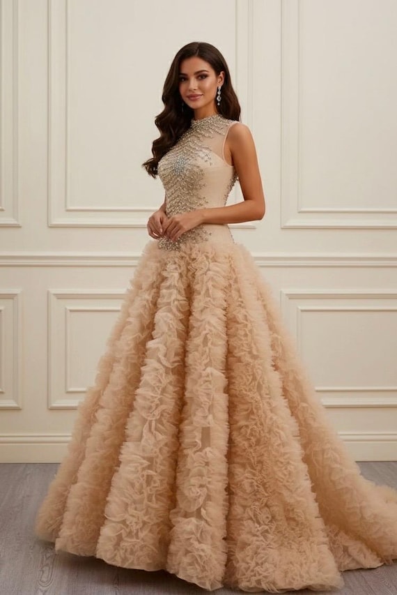beaded ruffle tulle dress Blush Pink Prom - High Neck Formal Gown line Style Fabric pink mermaid dress Nightgowns for Women Backless Size:3 XL
