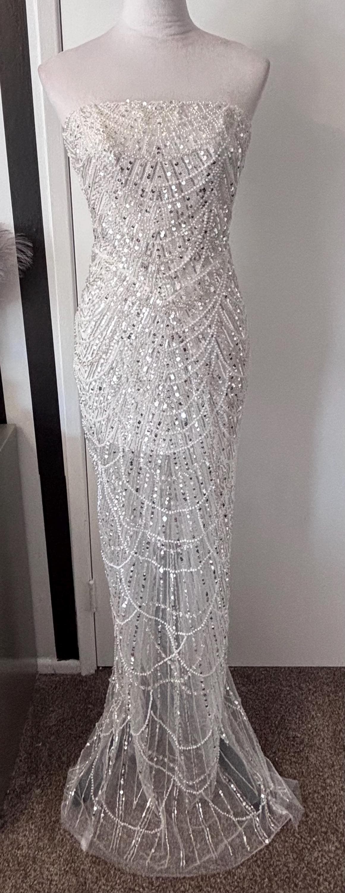 White Strapless Pearl, Sequin and Bead Embellished Mini Dress Lining to Sheer Maxi Gown - Wedding, Bachelorette, Reception Dress