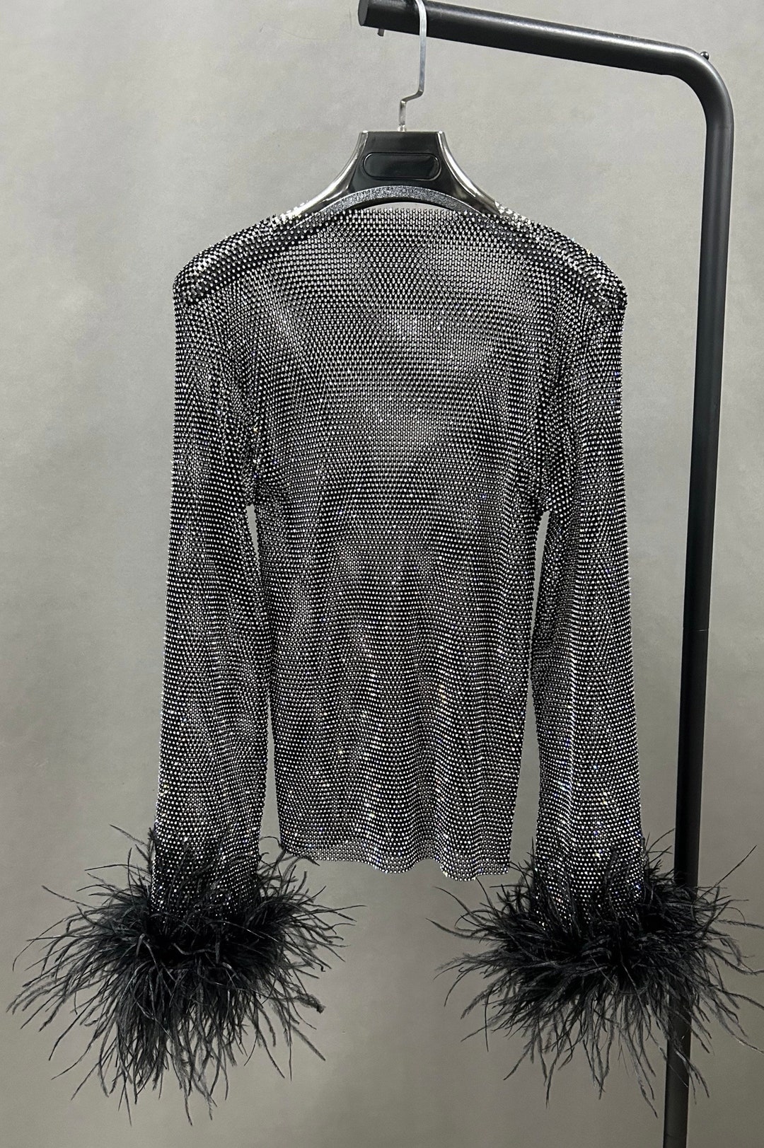 Rhinestone Mesh Top With Ostrich Feather Trim - Etsy