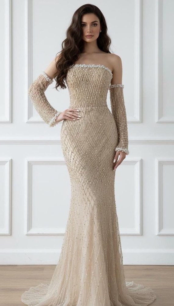 Strapless Pearl and Bead Embellished Mermaid Gown with Matching Detachable Sleeves