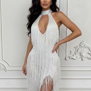 White Fringe Mock Neck Front Keyhole Sleeveless Mesh Maxi Gown