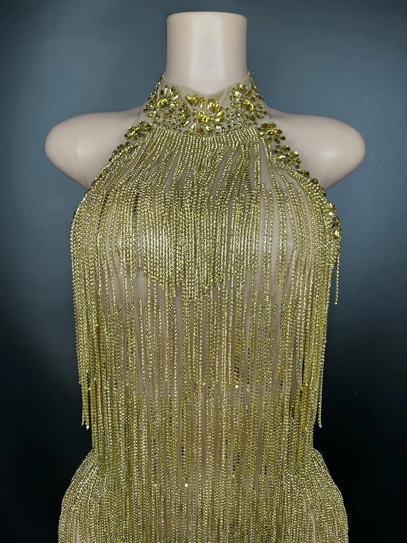 Gold Rhinestone Fringe Embellished Halter Maxi Dress