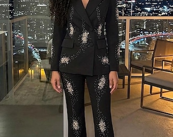Black Rhinestone Sunburst Blazer and Pant Set