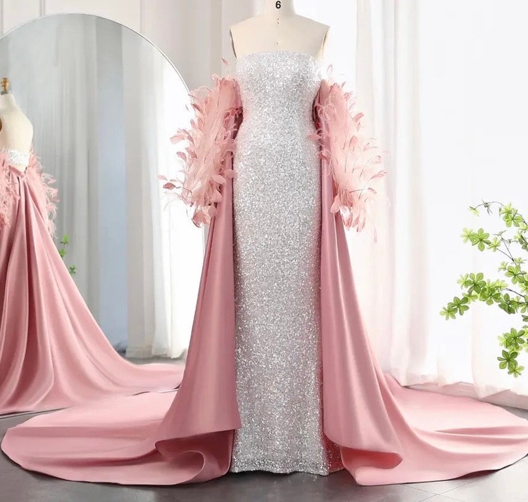 White Silver Strapless Sequin Maxi Dress With Pink Feather