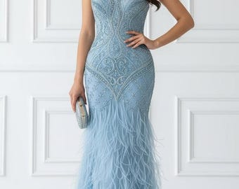 blue sequin feather dress Blue Sequin V Neck Lace Long Prom Dresses with Feather