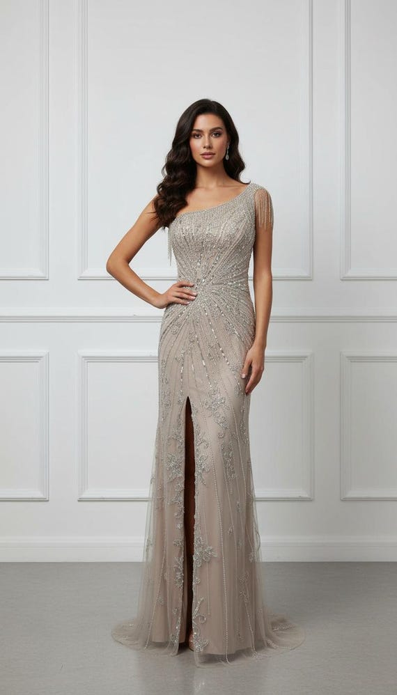One Shoulder Rhinestone Fringe Pearl and Bead Embellished Gown