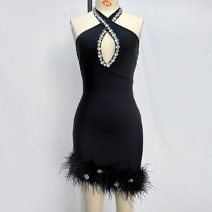 Rhinestone Keyhole Halter Feather Trim Mini Bandage Dress Black