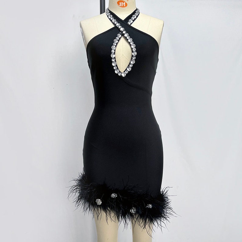 Rhinestone Keyhole Halter Feather Trim Mini Bandage Dress Black