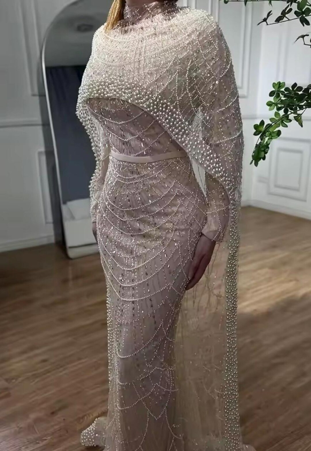 Long Sleeve Bow & Bead Accented Gown