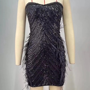 Black Strapless Sequin, Bead and Feather Embellished Mini Dress