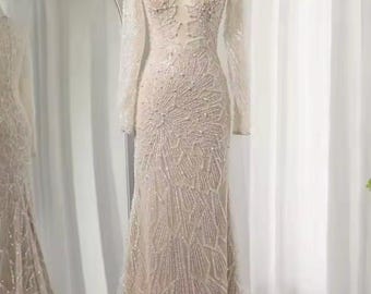 White Long Sleeve Pearl and Bead Embellished Illusion Mesh Maxi Gown