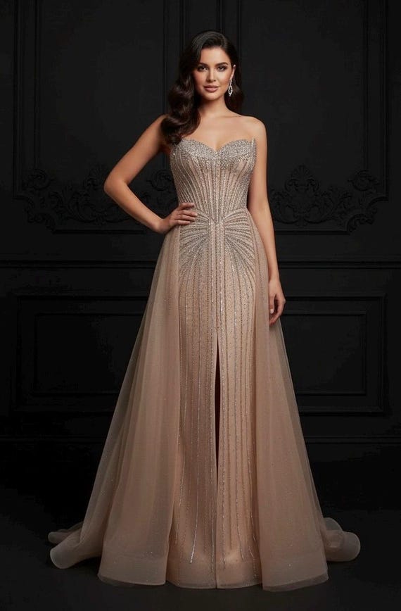 Champagne Pointed Bodice Rhinestone Bead Embellished Gown With Overskirt - Etsy Champagne Pointed Bodice Rhinestone Bead Embellished Gown With Overskirt - Etsy