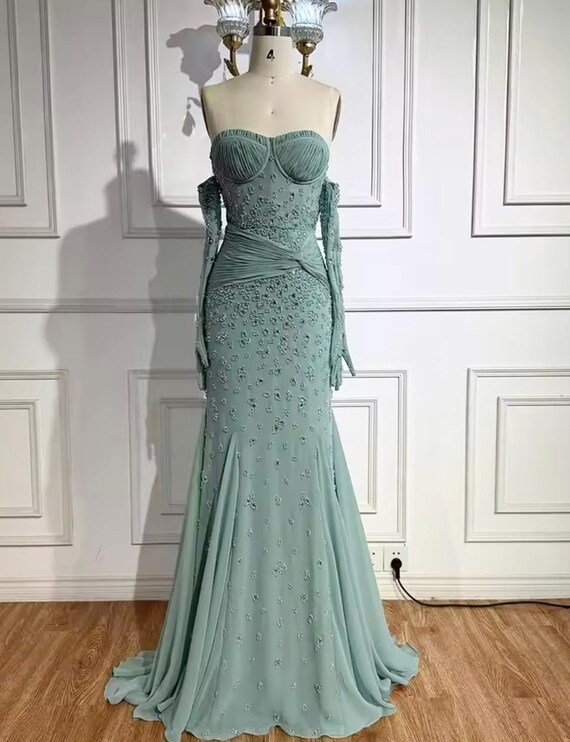 Sage Green Strapless Sweetheart Neck Pleated Bodice Bead Embellished Gown With Matching Gloves - Etsy Sage Green Strapless Sweetheart Neck Pleated Bodice Bead Embellished Gown With Matching Gloves - Etsy