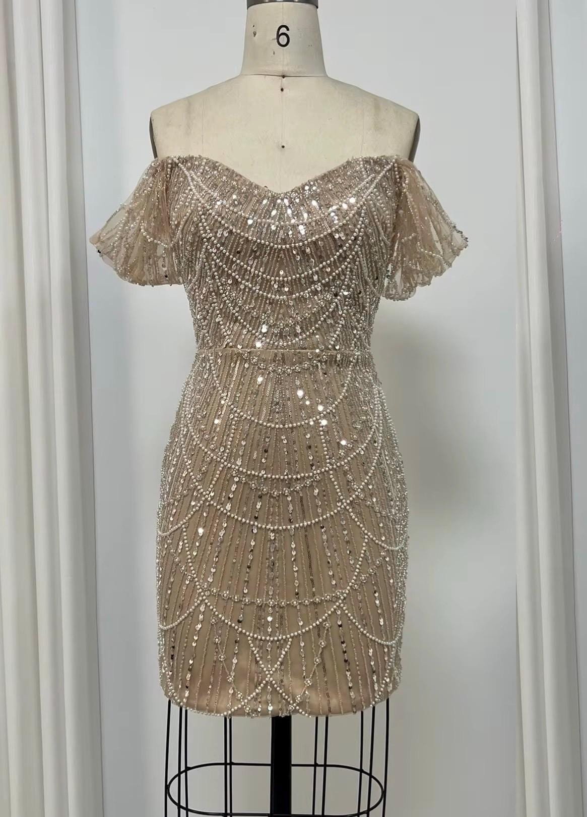 Off Shoulder Pearl, Sequin and Bead Embellished Strapless Mini Dress