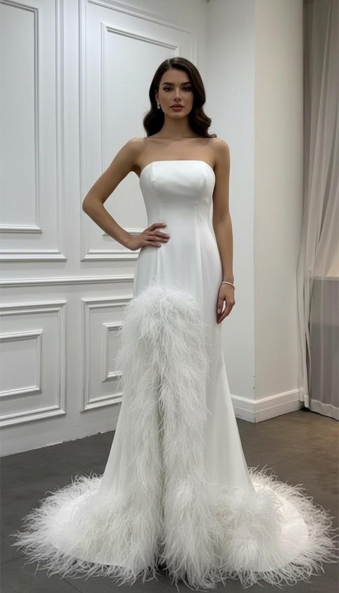 white ostrich feather dress Milia – NARCES stopping piece features an open back with a chic halter MARAYA White Ostrich Feather Dress,