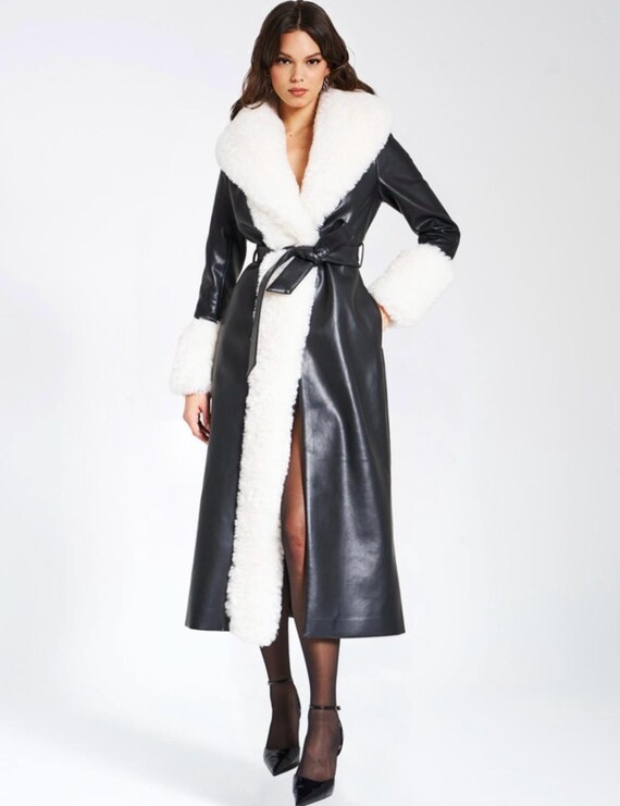 Black Faux Leather Trench Coat With White Faux Fur Trim FINAL
