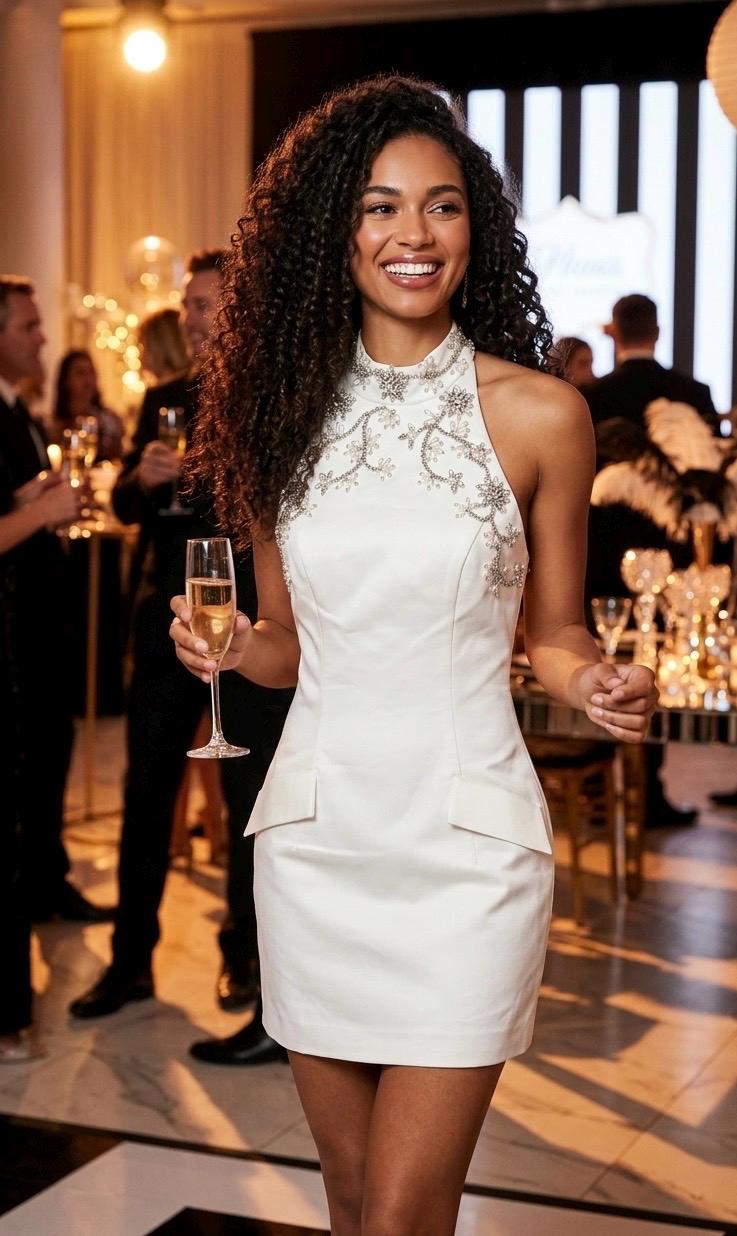 White Halter Rhinestone Pearl Embellished Open Back Mock Pockets Mini Dress  - FINAL SALE - Etsy
