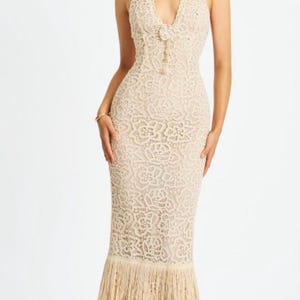 Beige Crochet Lace Halter Maxi Dress with Fringed Hem