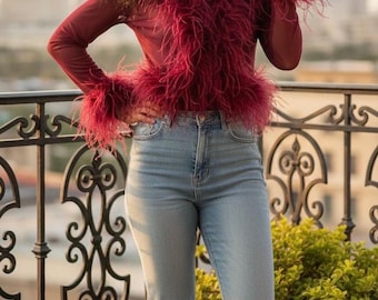 Burgundy Sheer Long Sleeve Bolero with Ostrich Feather Trim on Collar and Sleeves - 7-10 Day Production Time