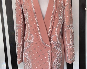 Blush Pearl, Rhinestone Beaded Embellished Blazer Dress