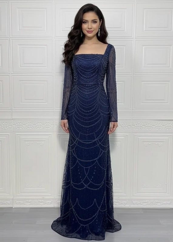 embellished long sleeve maxi dress in blue Laelia Blue Flower Embellished Maxi Dress with Cape Sleeves – Frock and  Frill