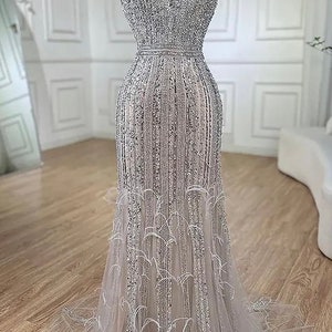 Silver Gray Sequin Beaded Feather Embellished Formal Gown