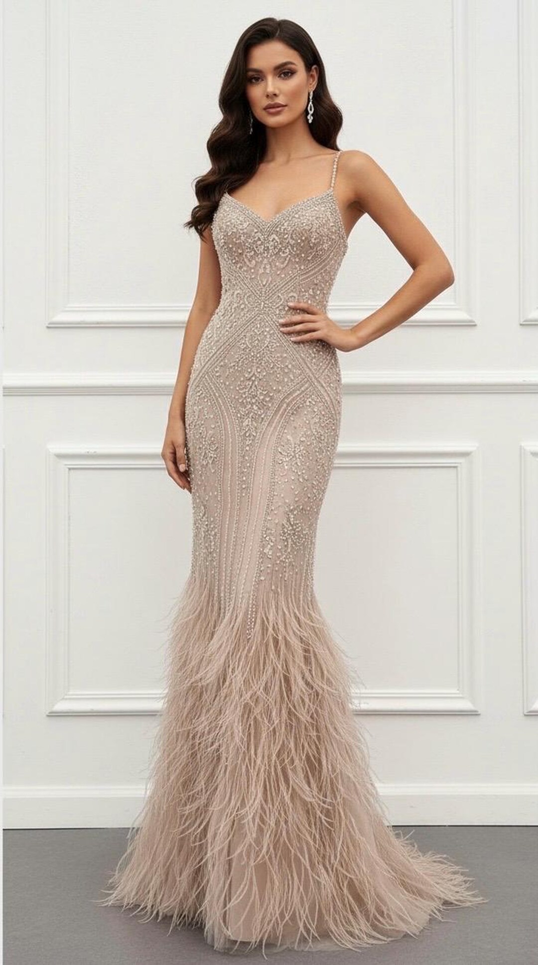 Champagne Vneck Bead and Feather Embellished Maxi Gown - Etsy