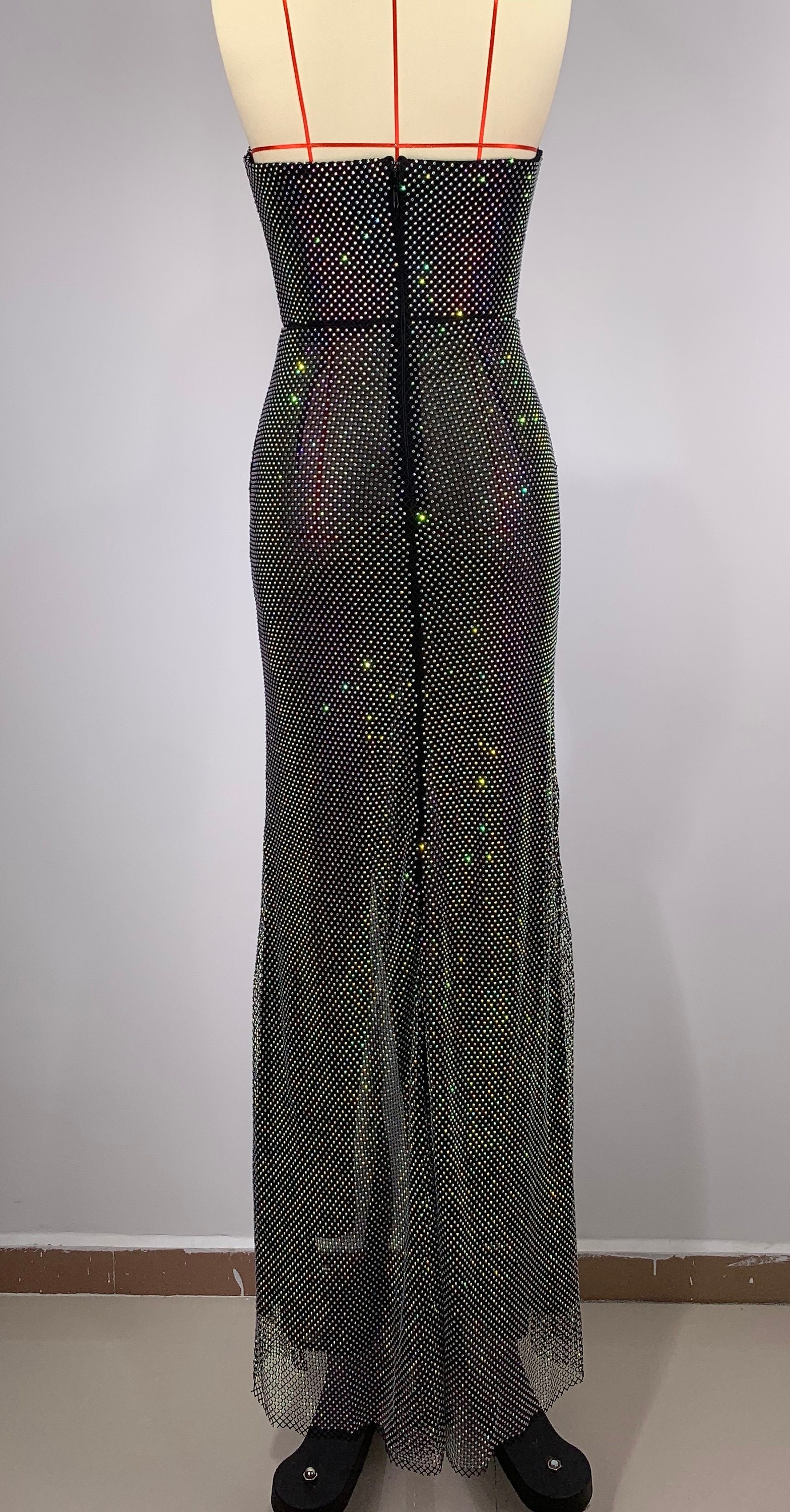 Black Strapless Crystal and Rhinestone Detail High Slit Mesh