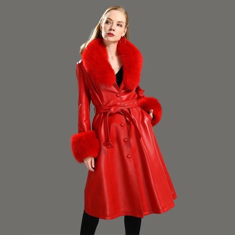 Leather Trench Coat with Fur Collar and Cuffs