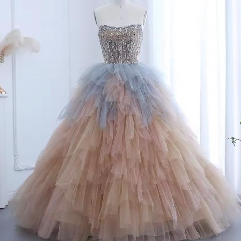 Long Sleeves Tulle Dresses with Appliqued Gold