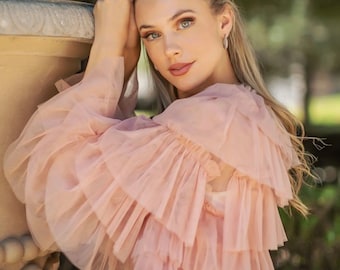 Faux leather flounce-tulle jacket