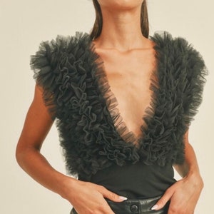 Black Ruffled Tulle Plunging Neck Bodysuit