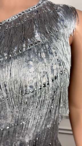 Silver One Shoulder Full Fringe Side Slit Maxi Dress - Etsy