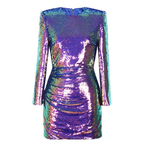 Long Sleeve Purple And Silver Sequin Dress Long Sleeve Rainbow Purple Sequin Side Gathered Back Zipper Long Sleeve Purple And Silver Sequin Dress Long Sleeve Rainbow Purple Sequin Side Gathered Back Zipper