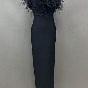 Strapless Ostrich Feather Trim Bodycon Maxi Dress