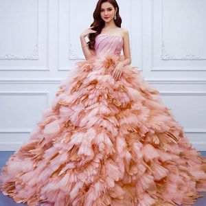 Pink Blush Strapless Pleated Corset Tie Bodice Tulle and Feather Ruffle Tiered Skirt Gown