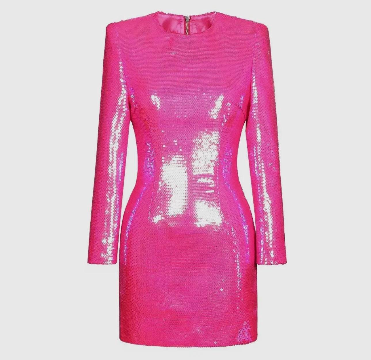 hot pink sequin long sleeve dress Hot Pink Sequins Bow Bust Long Sleeves Cut-Out Homecoming Dress Hot Pink / Custom Size