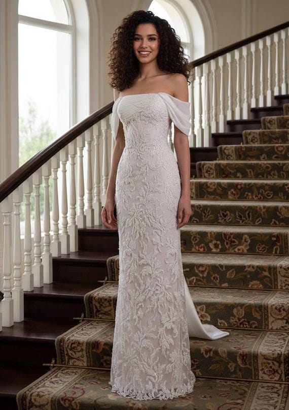Ivory Chiffon Off Shoulder Drape Bead Embroidered Lace Back Gown with Train Ivory Chiffon Off Shoulder Drape Bead Embroidered Lace Back Gown with Train