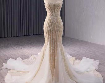 Champagne and White Strapless Sweetheart Neck Bead Embellished Mermaid Gown