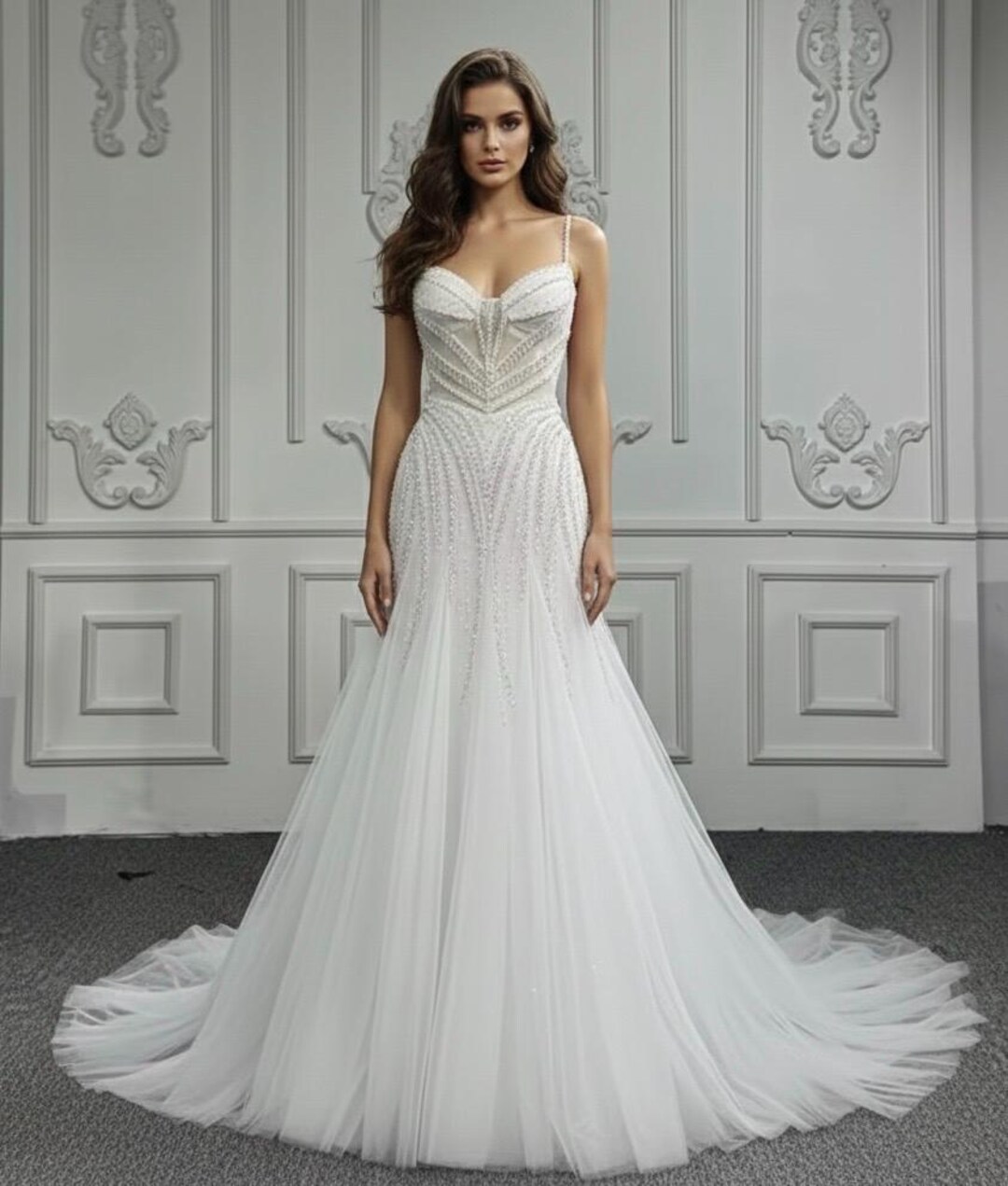 white beaded mermaid dress Two Tone Sweetheart Beaded Lace Mermaid Dress with Godets missy / 8 / off-white