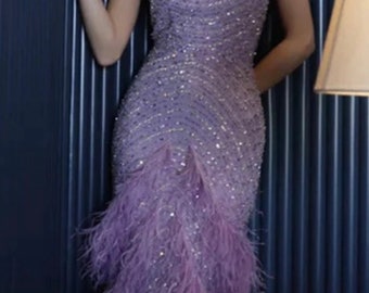 Lavender Crystal Beaded Maxi Dress with Multi Color Feather Trim