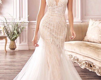 Beaded Layered Tulle and Lace Low Back Mermaid Gown